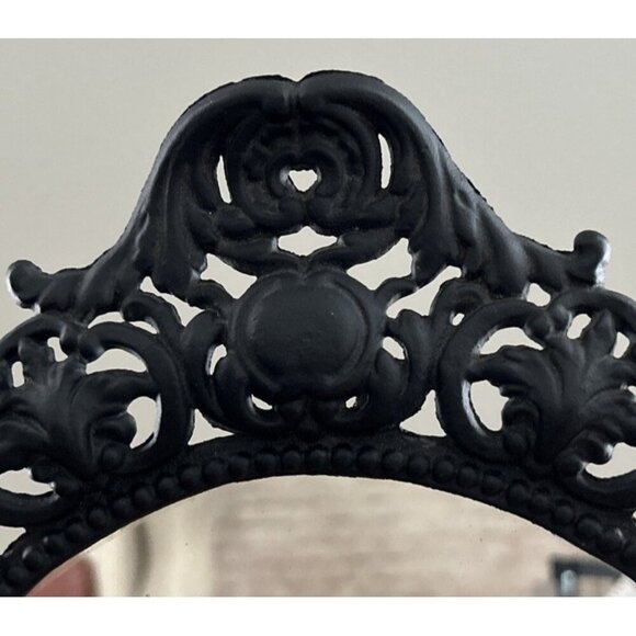 Black Cast Iron Easel Mirror Round Freestanding Tabletop Dresser Vintage - Picture 4 of 4